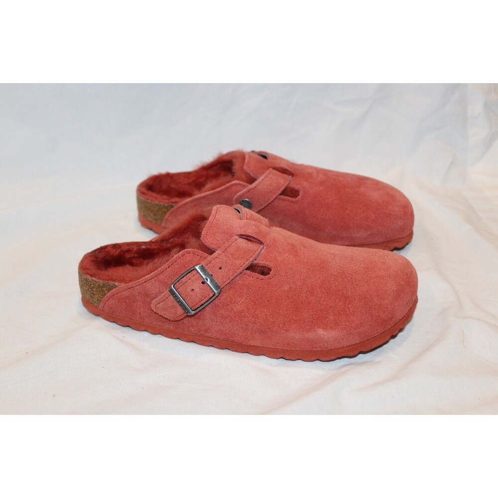 Birkenstock Women Boston Suede Fur Mule Clog‎ Suede Sandals EU 39 NAR SIENNA RED